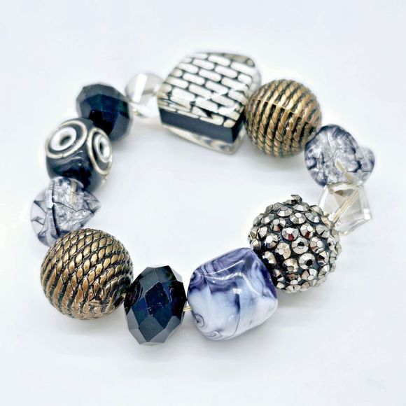 Subway Bling Bracelet Stretch Modern Art Glass Metal Beaded Rhinestone Jewelry - Picture 2 of 8